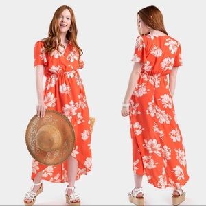 DAWN FLORAL MAXI WRAP DRESS NWT CORAL ORANGE WHITE FLOWERS LINED XXS   #A9